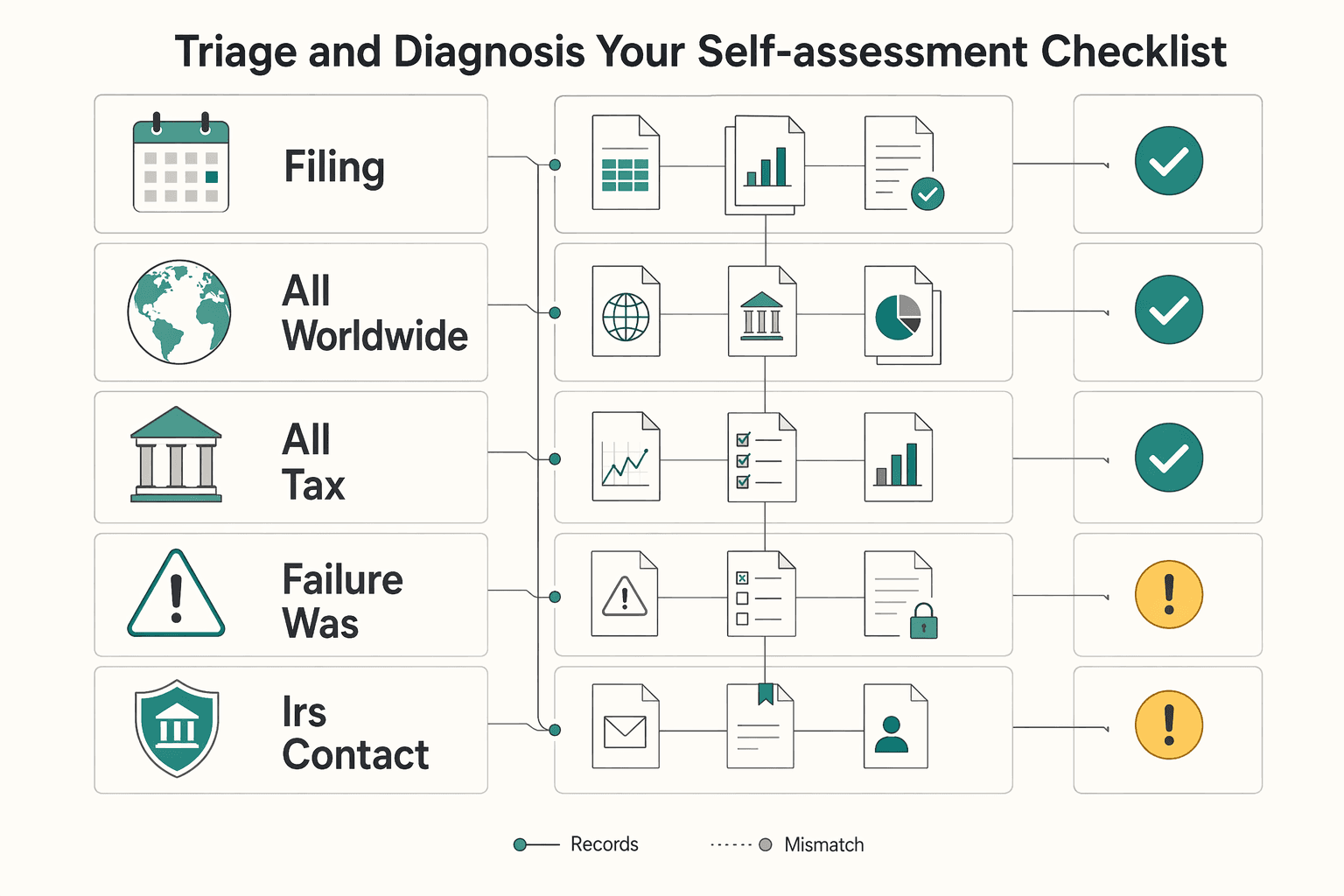 Diagram showing Phase 1: Triage & Diagnosis - Your Self-Assessment Checklist for Missed an FBAR Filing? When Delinquent FBAR Procedures Fit and When They Do Not.