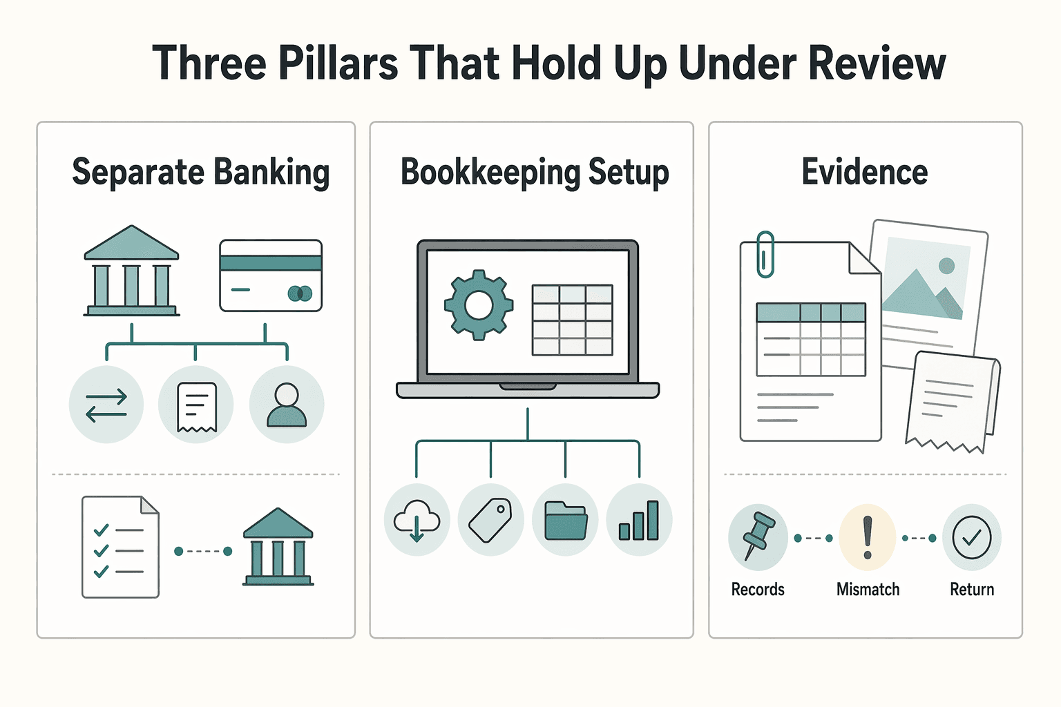 Diagram showing Three pillars that hold up under review for How Freelancers Can File Schedule C With Defensible Records.
