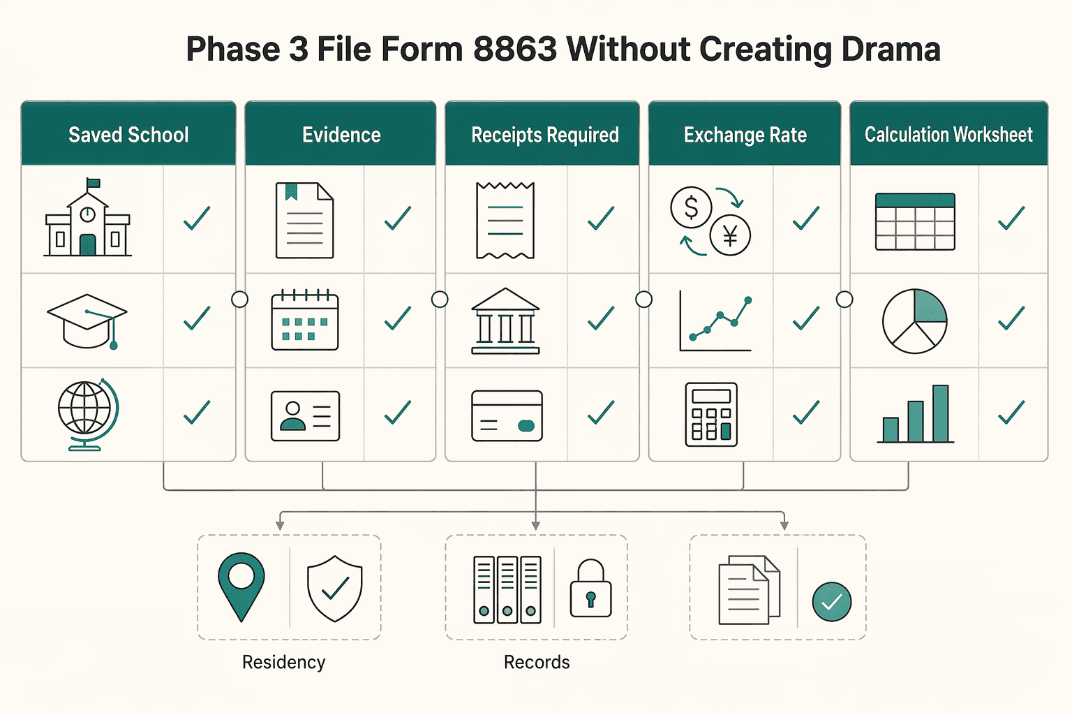 Diagram showing Phase 3. File Form 8863 without creating drama for Claiming the American Opportunity Tax Credit as an Expat.