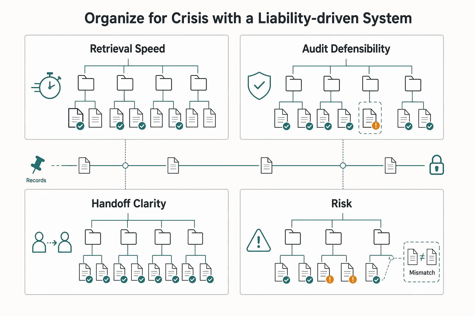 Diagram showing Step 2: Organize for Crisis with a Liability-Driven System for Document Management for Accounting Firms: Secure Intake, Retrieval, Retention, and Automation.