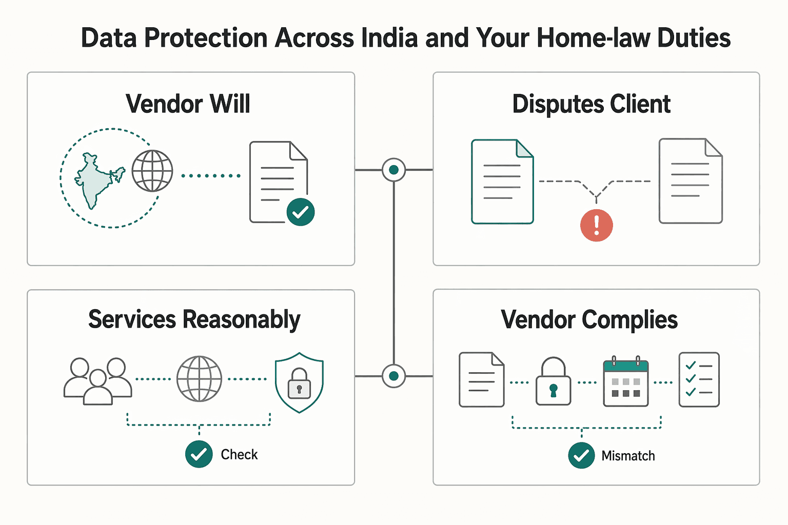 Diagram showing 4) Data protection across India and your home-law duties for How to Write an MSA for an Indian IT Outsourcing Partner.