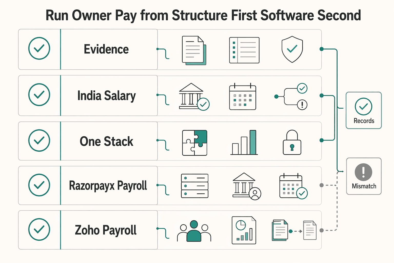 Diagram showing 3. Run owner pay from structure first, software second for Best Payroll Software in India for Founder-Led Teams.