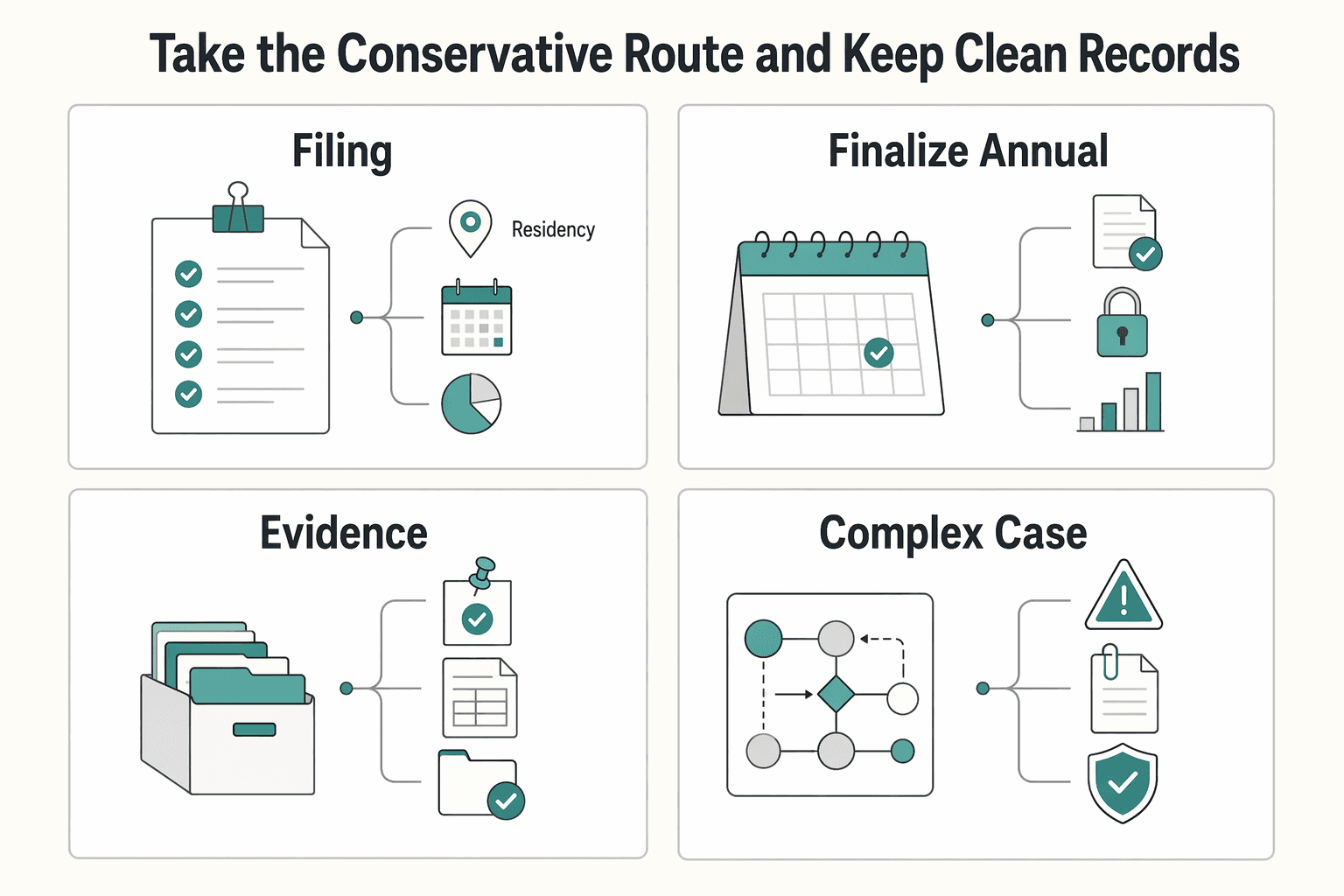 Diagram showing Take the Conservative Route and Keep Clean Records for Taxes in Colombia for Foreigners and Remote Workers.