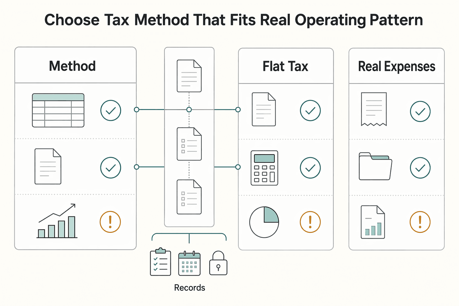 Diagram showing Choose the Tax Method That Fits Your Real Operating Pattern for Tax Guide for Freelancers in the Czech Republic.
