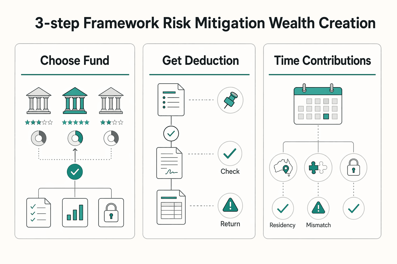 Diagram illustrating The Superannuation Playbook for the Freelance CEO: A 3-Step Framework for Risk Mitigati....