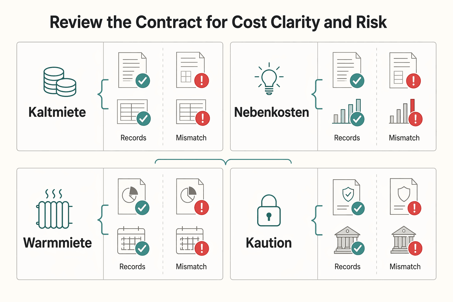 Diagram showing Review the contract for cost clarity and risk for Renting an Apartment in Berlin: Dossier First, Search Second, Contract Last.