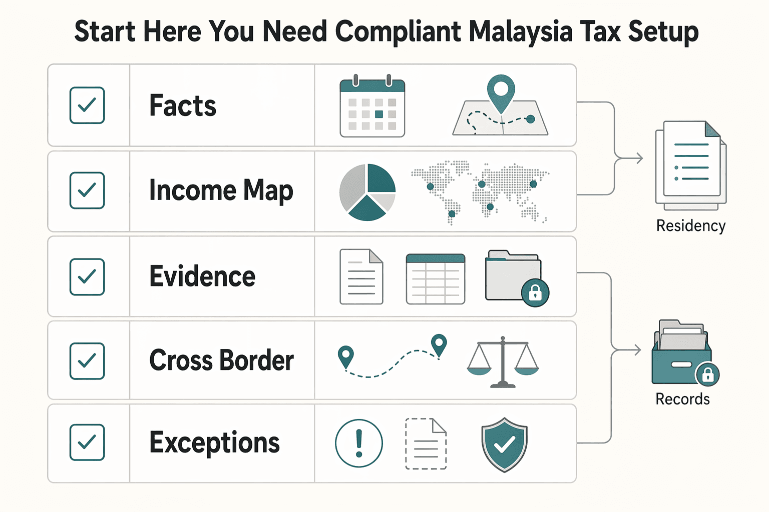 Diagram showing Start Here if You Need a Compliant Malaysia Tax Setup for Malaysia Tax for Expats Who Need a Defensible Filing Path.