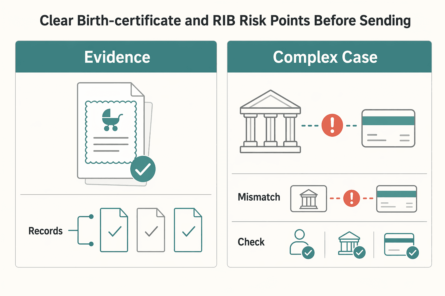 Diagram showing Clear birth-certificate and RIB risk points before sending for How to Get a Carte Vitale in France if You Are Self-Employed.