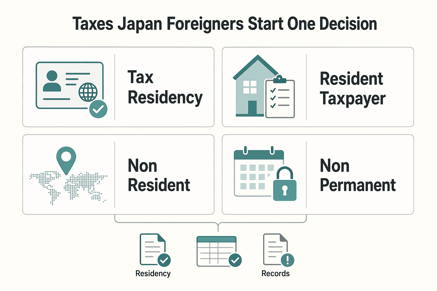 Diagram showing Taxes in Japan for Foreigners Start With One Decision for Japan Tax for Foreigners Who Work Across Borders.