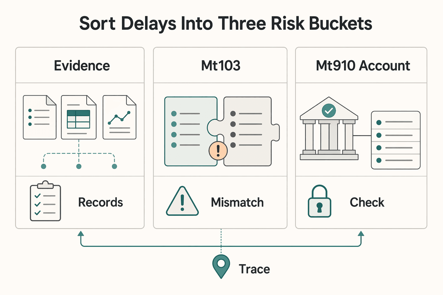 Diagram showing Sort delays into three risk buckets for How to Use a SWIFT MT103 to Trace a Delayed Wire Transfer.