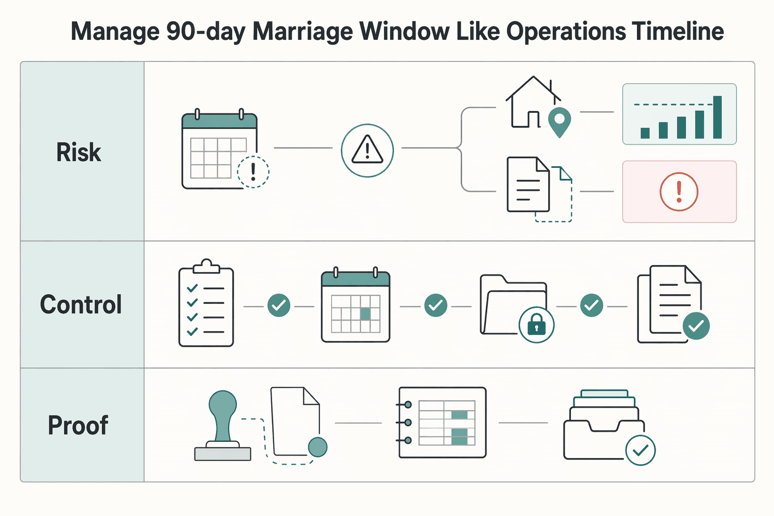 Diagram showing Manage the 90-day marriage window like an operations timeline for K-1 Fiancé(e) Visa Process: Timeline, Eligibility, Filing, and 90-Day Marriage Rule.