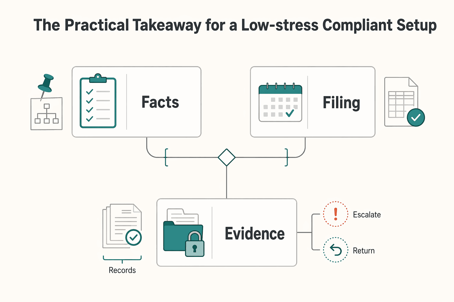 Diagram showing The practical takeaway for a low-stress compliant setup for What Is a Reasonable Salary for an S-Corp Under IRS Rules?.
