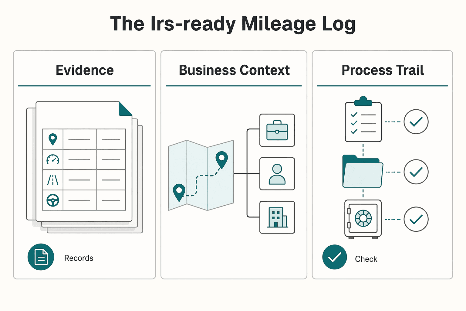 Diagram showing Building Your Audit-Proof System: The IRS-Ready Mileage Log for How to Track Vehicle Mileage for Your S-Corp Without Payroll Surprises.