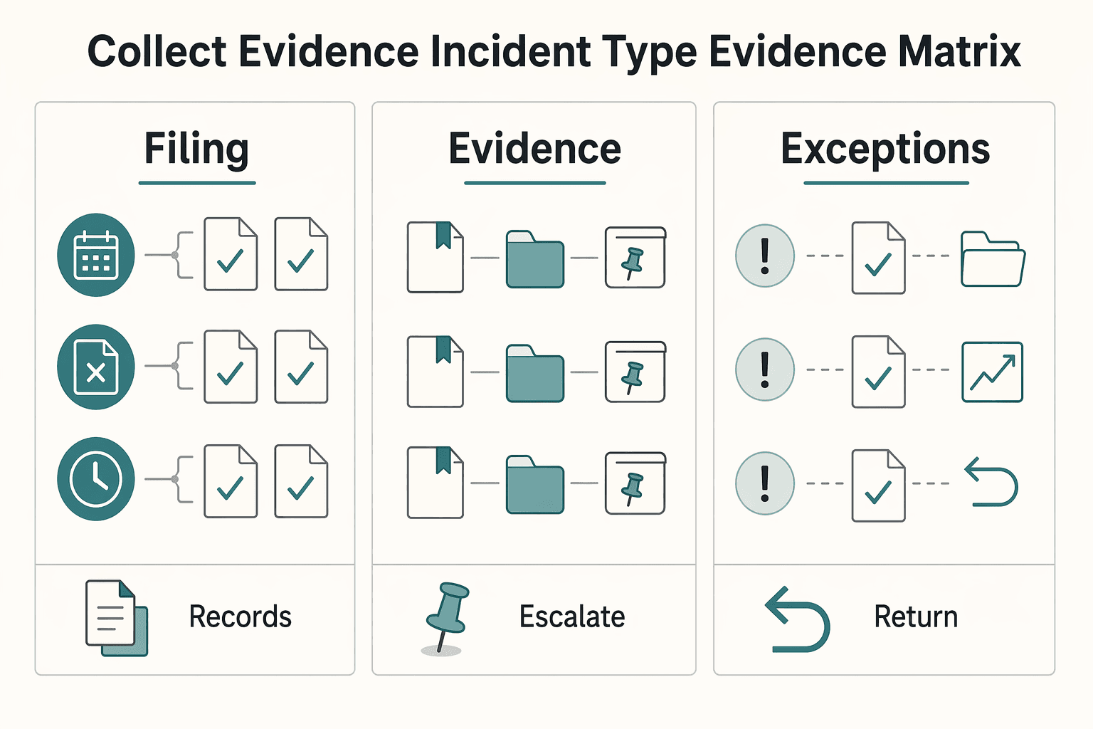 Diagram showing 3. Collect evidence by incident type with an evidence matrix for How to Document 'Reasonable Cause' for IRS Penalty Abatement.