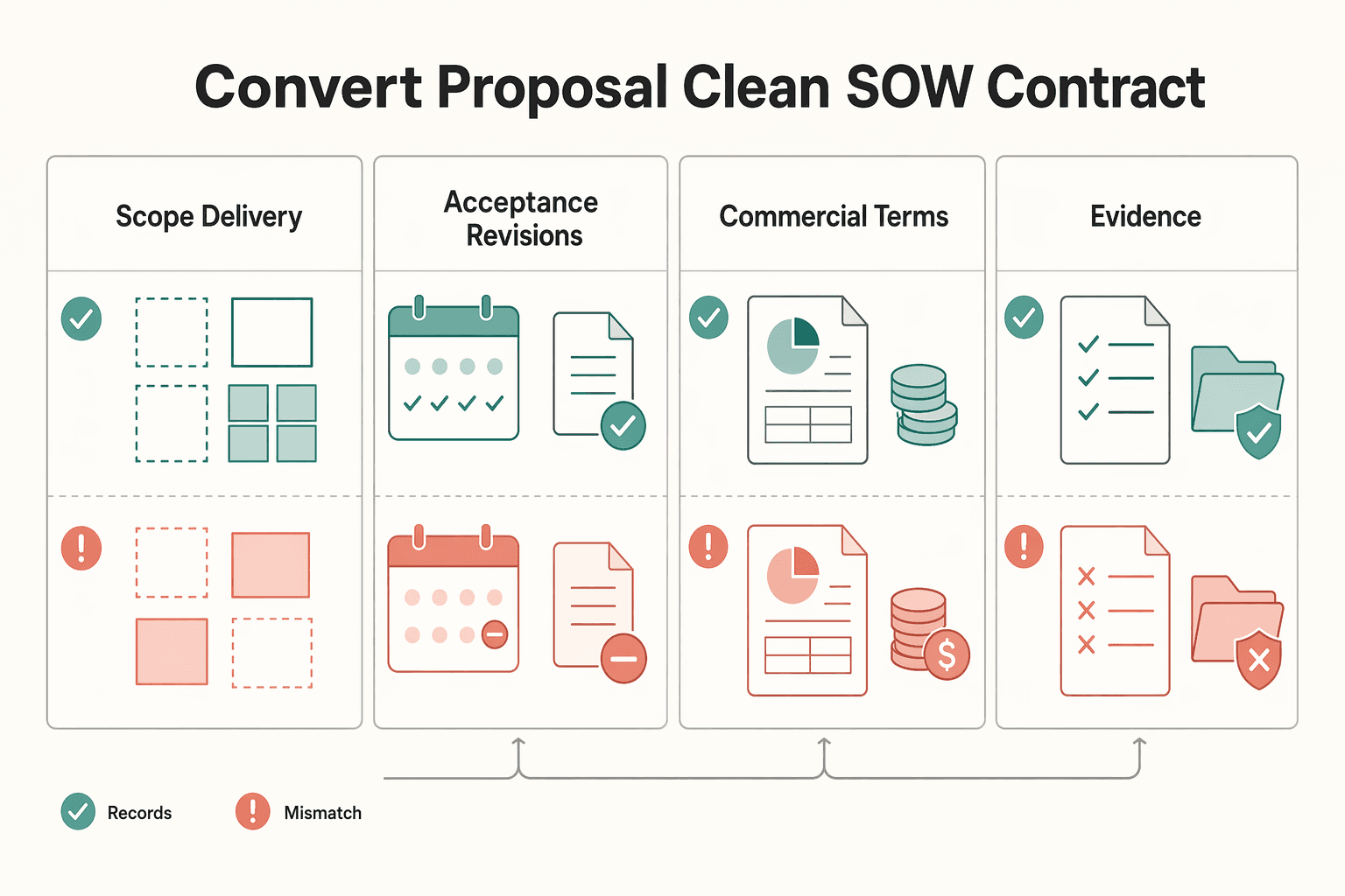 Diagram showing Convert the Proposal Into a Clean SOW and Contract for How to Write a Freelance Proposal That Wins Clients.