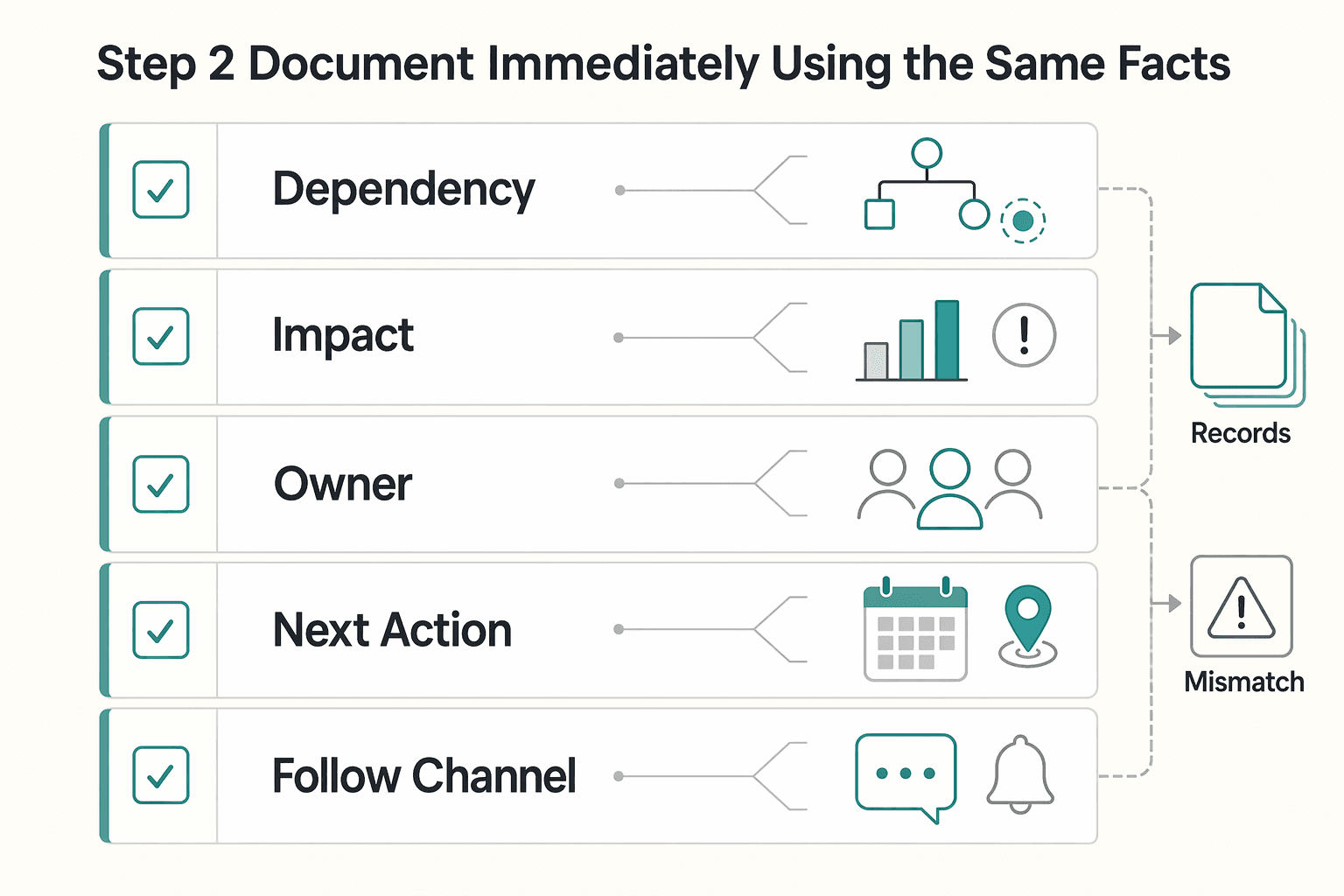 Diagram showing Step 2 Document immediately using the same facts for How to Run an Effective Daily Stand-up with a Remote Team.