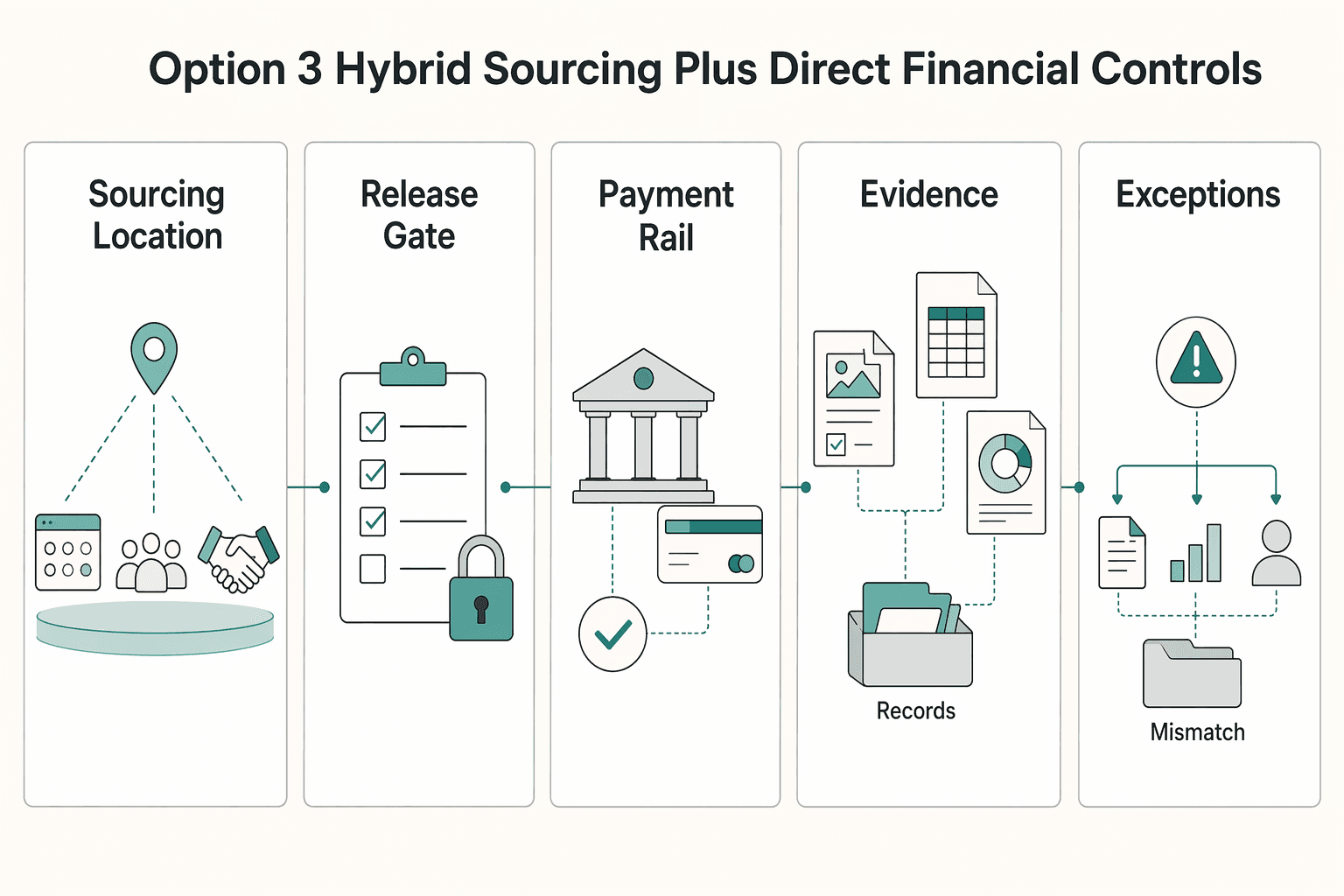 Diagram showing Option 3 Hybrid Sourcing Plus Direct Financial Controls for How to Compare Freelance Hiring Paths by Trust, Evidence, and Control in 2026.