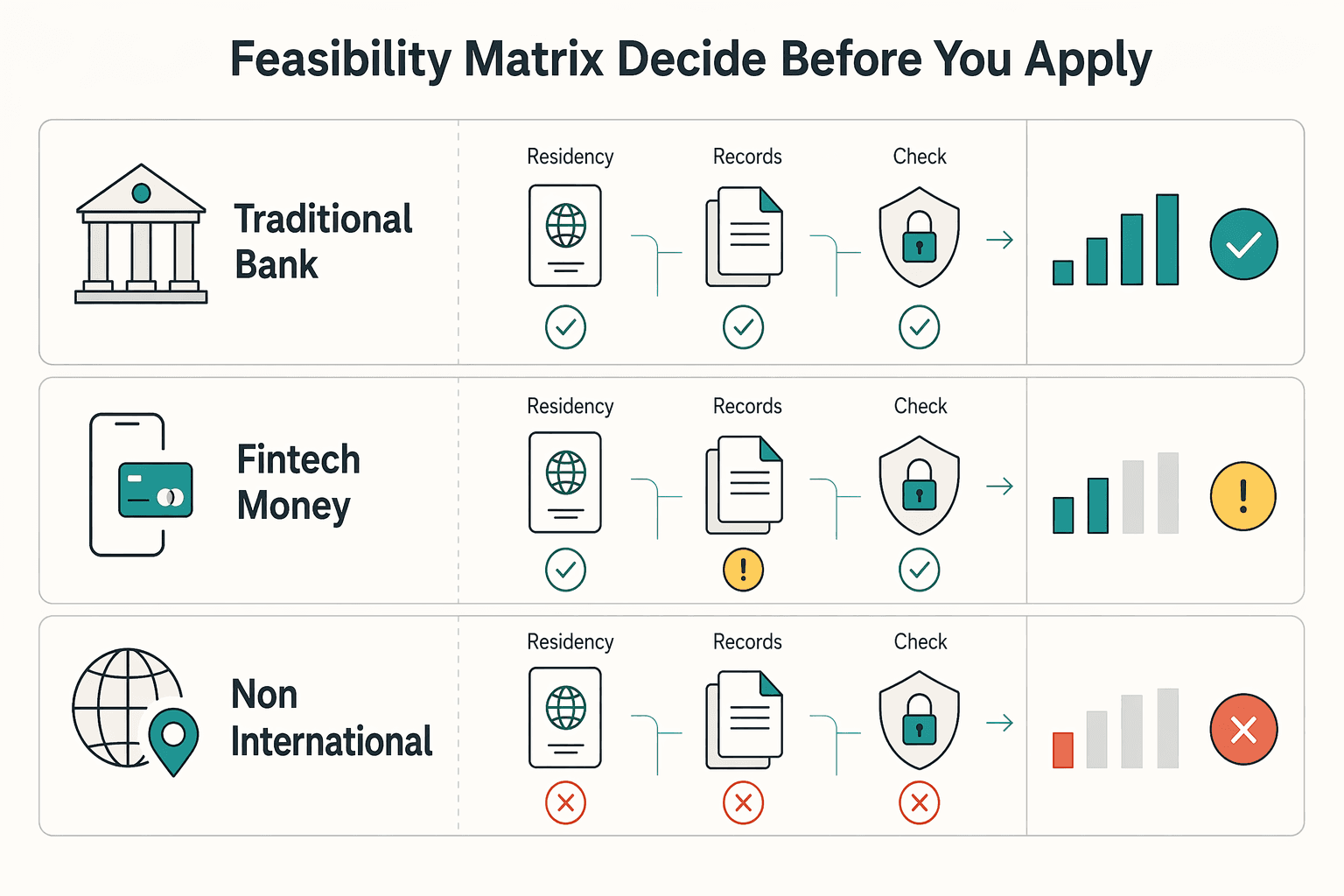 Diagram showing Use a feasibility matrix (decide before you apply) for Opening a Bank Account in Europe as a Non-Resident.