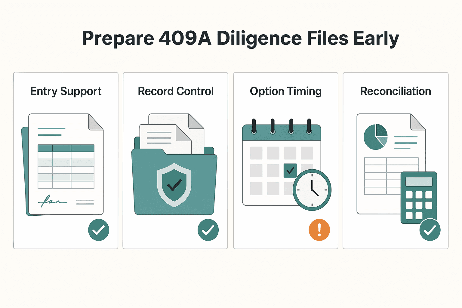 Diagram showing Prepare 409A and diligence files before they are urgent for How to Create a Cap Table for Your Startup.