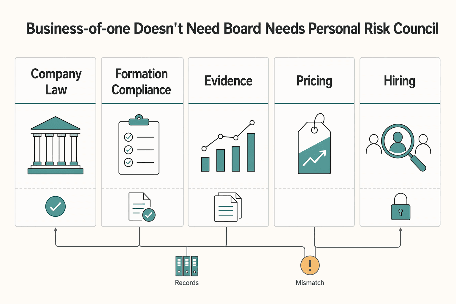Diagram showing Your Business-of-One Doesn't Need a Board. It Needs a Personal Risk Council. for Board of Directors vs. Personal Risk Council for Solo Founders.