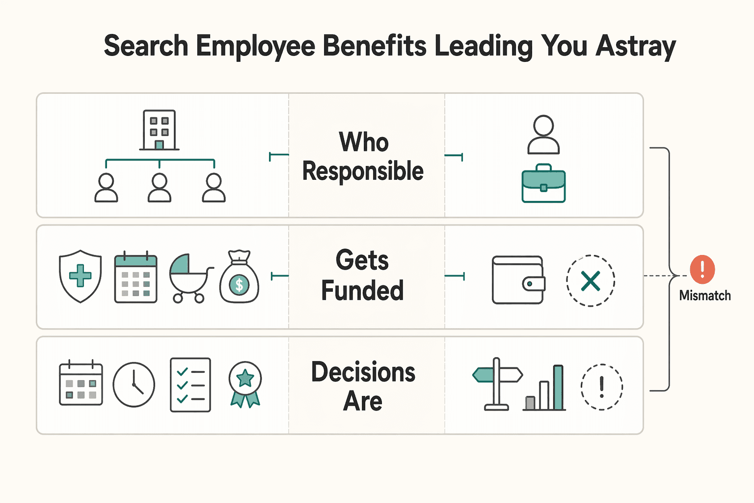 Diagram showing Your Search for "Employee Benefits" Is Leading You Astray for Self-Employed Benefits: Build Your Own Health, Retirement, and PTO Safety Net.
