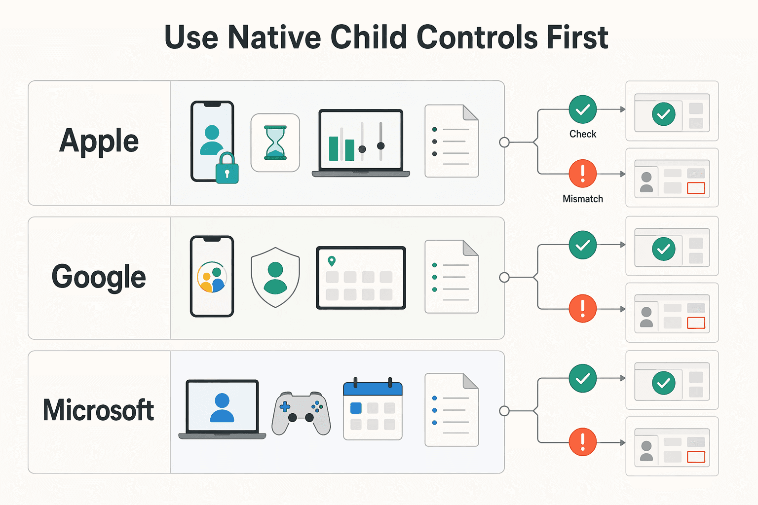 Diagram showing Use native child controls first, then harden the easy bypasses for How to Set Up Parental Controls on Your Kids' Devices.