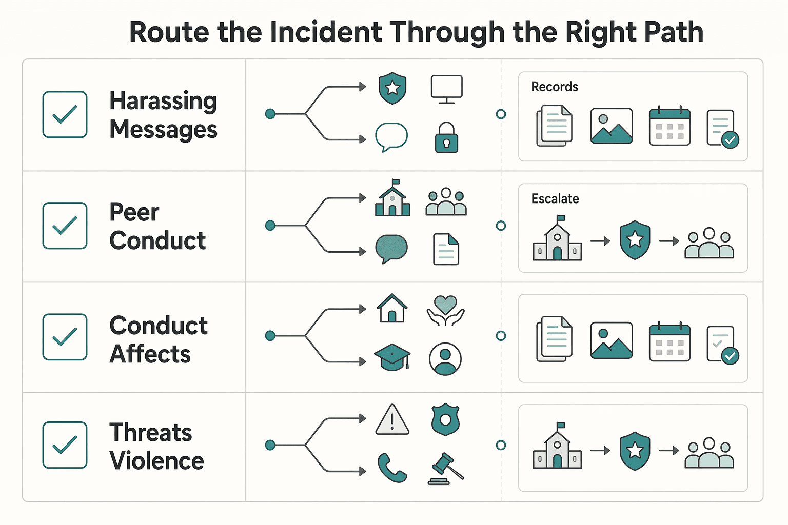 Diagram showing Route the incident through the right path for Cyberbullying Protection for Kids and What Parents Should Do First.