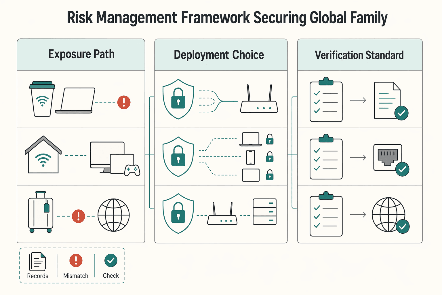 Diagram showing The Digital Fortress: A Risk Management Framework for Securing Your Global Family for The Best VPNs for Families.