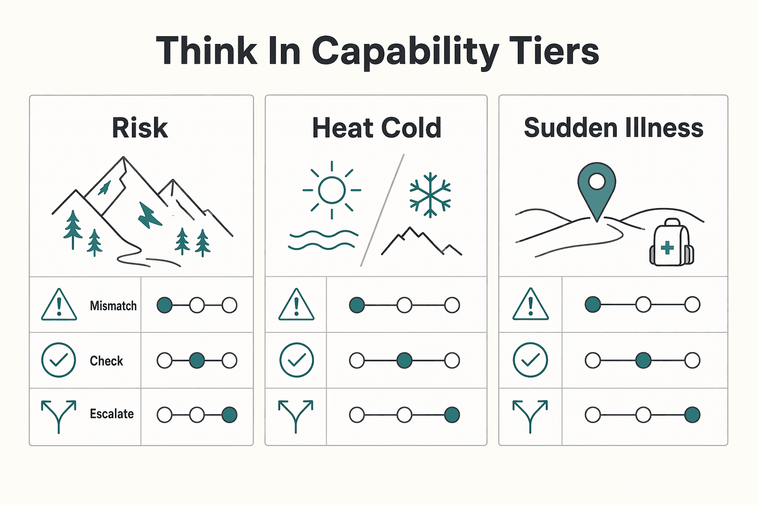 Diagram showing Think in capability tiers for Wilderness First Aid for Remote Professionals.