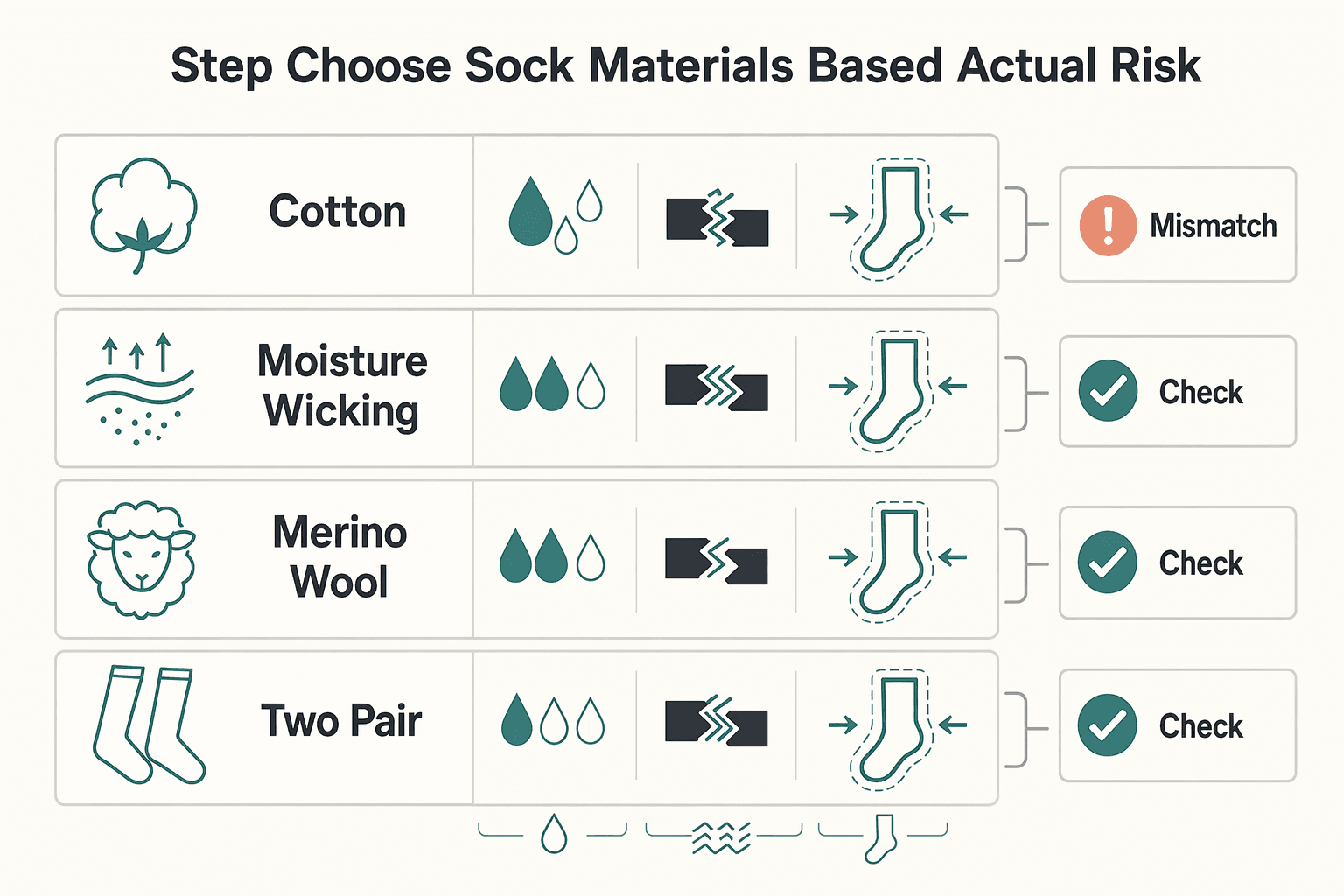 Diagram showing Step 3. Choose sock materials based on your actual risk for How to Prevent and Treat Blisters While Hiking.