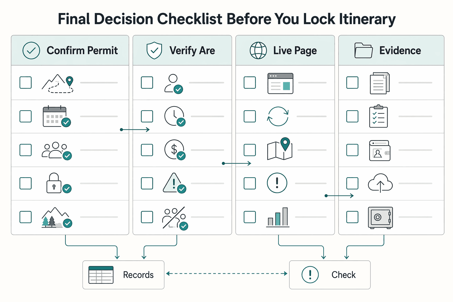 Diagram showing Use this final decision checklist before you lock your itinerary for How to Get Permits for Popular Hikes Without Last-Minute Surprises.