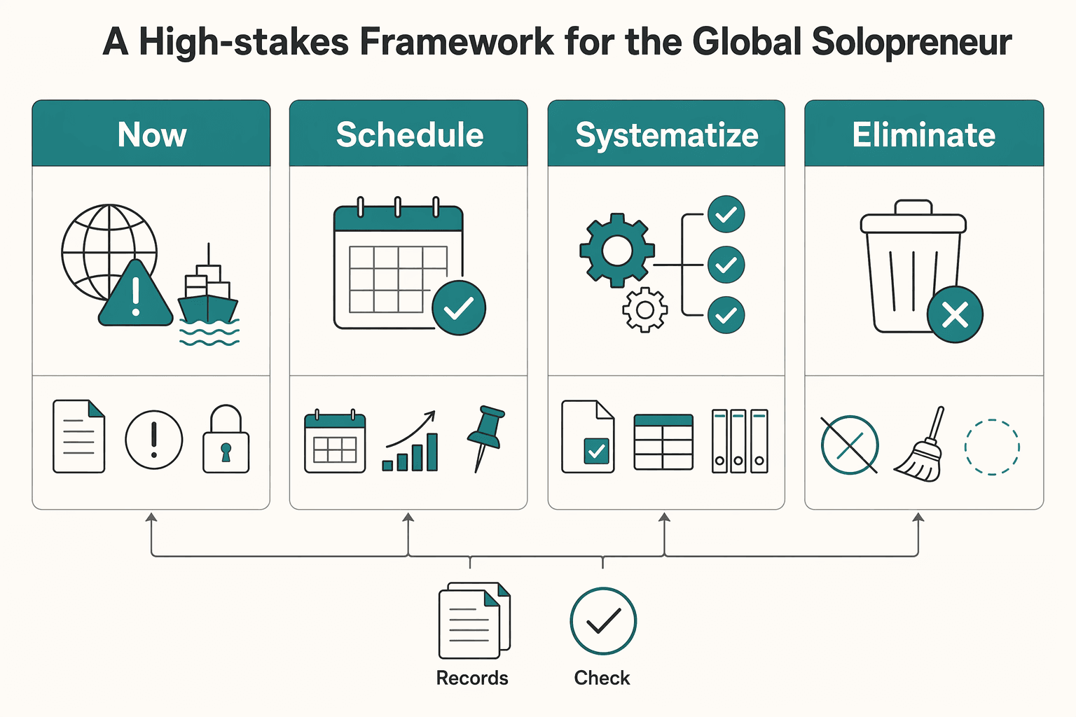Diagram showing Redefining the Quadrants: A High-Stakes Framework for the Global Solopreneur for Using the Eisenhower Matrix for Prioritization in a Solo Cross-Border Business.