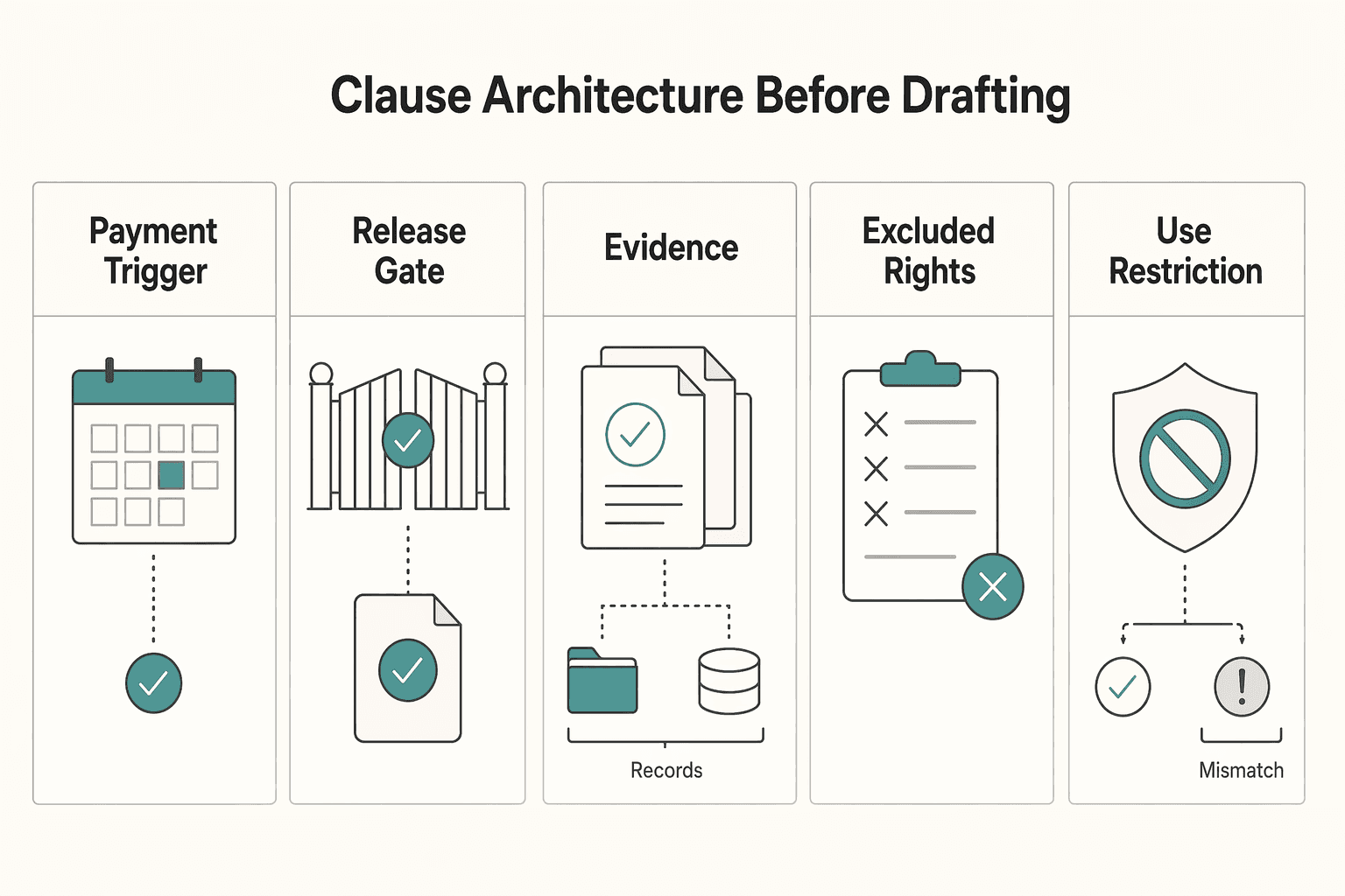 Diagram showing Clause architecture before drafting for How UX/UI Designers Draft a Figma Handover Clause.