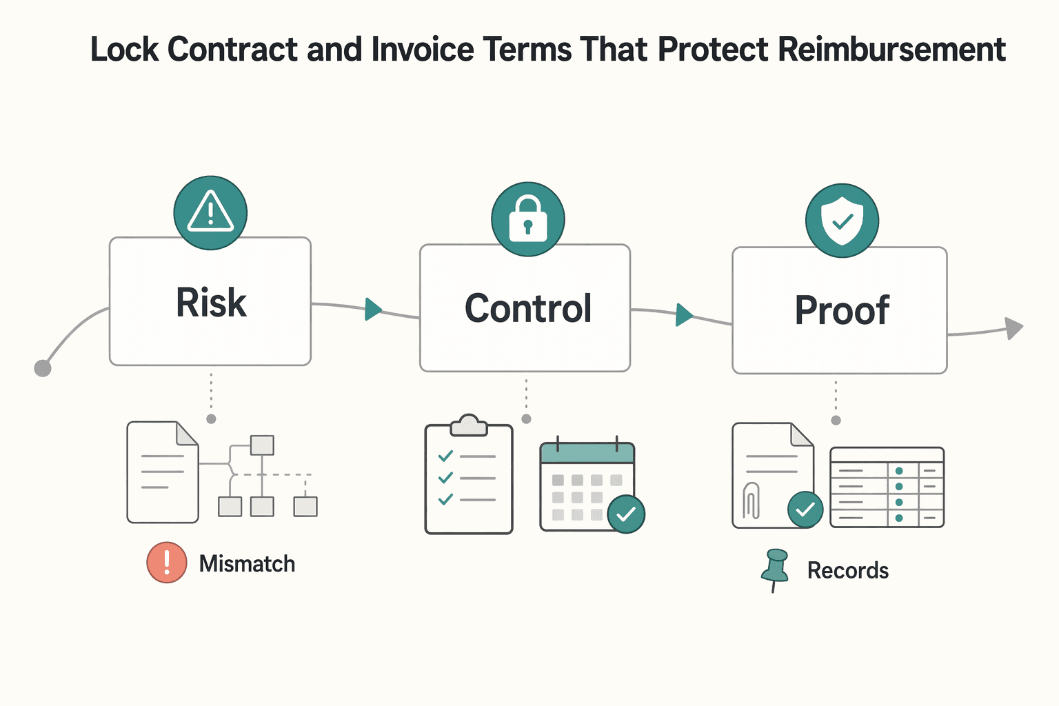 Diagram showing Lock contract and invoice terms that protect reimbursement for How to Handle Client-Paid Software Subscriptions in Your Bookkeeping.