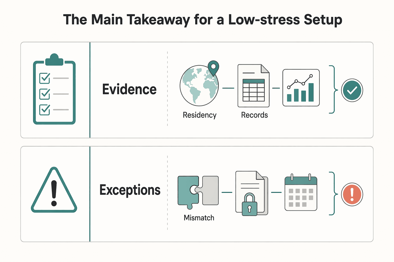 Diagram showing The Main Takeaway for a Low-Stress Setup for Georgia 1% Tax for Entrepreneurs Without Filing Surprises.