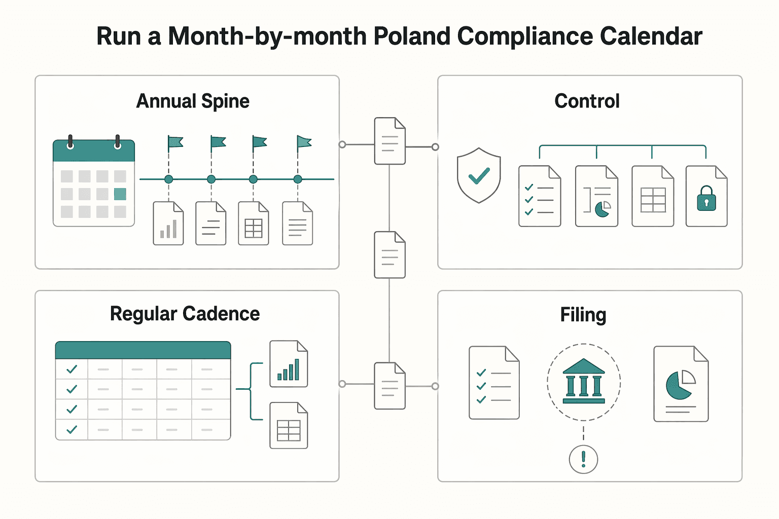 Diagram showing Run a month-by-month Poland compliance calendar for Taxes in Poland for Foreigners and Freelancers.