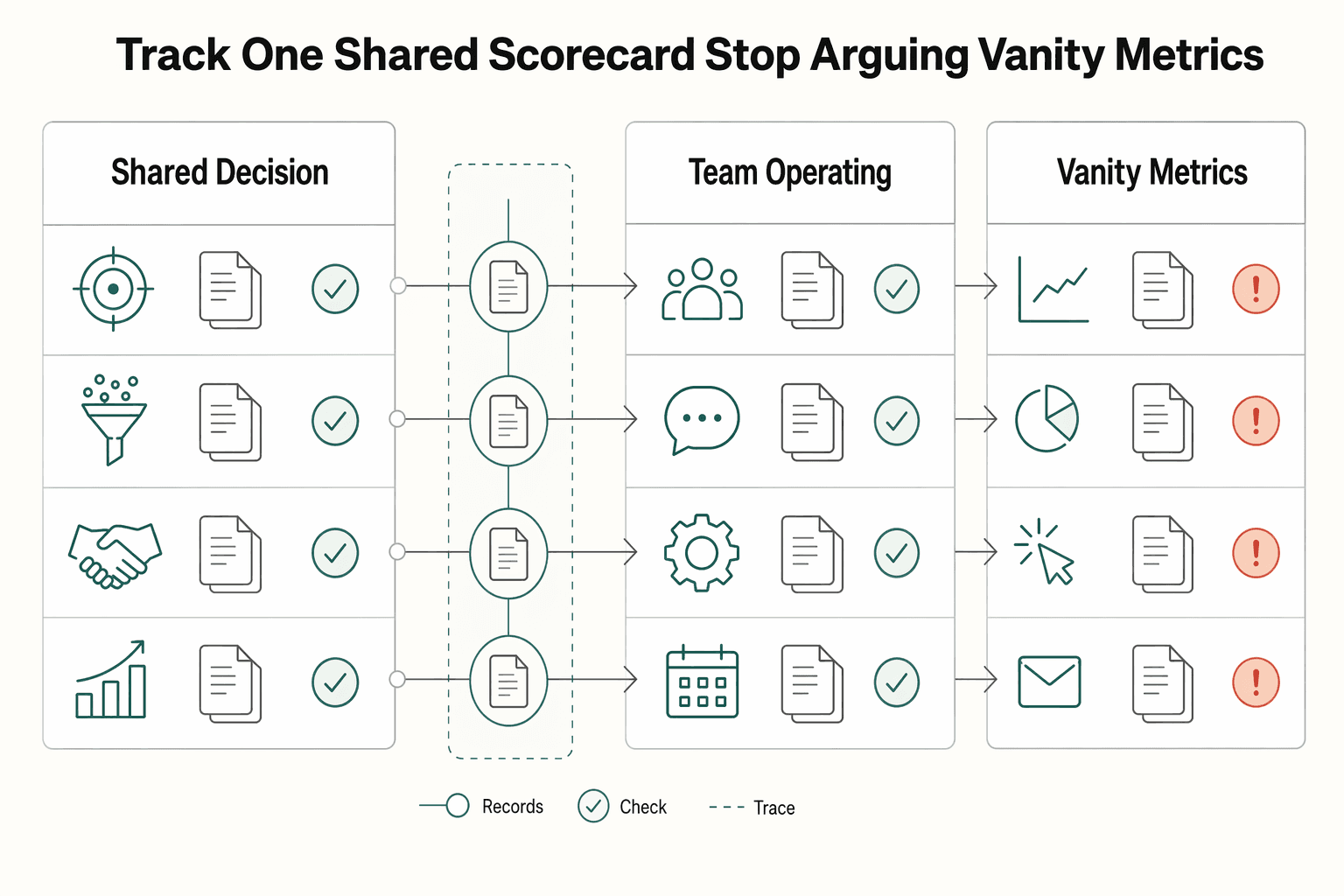 Diagram showing Track one shared scorecard and stop arguing from vanity metrics for How to Align Sales and Marketing Teams in a SaaS Business.
