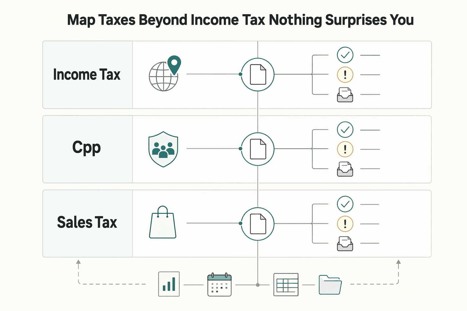 Diagram showing Map taxes beyond income tax so nothing surprises you for Canada Tax Rules for Self-Employed Residents and Non-Residents.