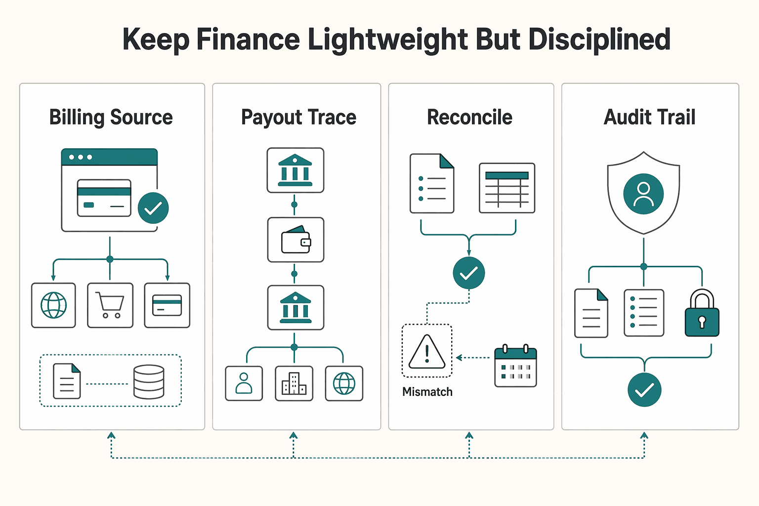 Diagram showing Keep finance lightweight but disciplined for International Expansion for SaaS With a Three-Stage Operating Framework.