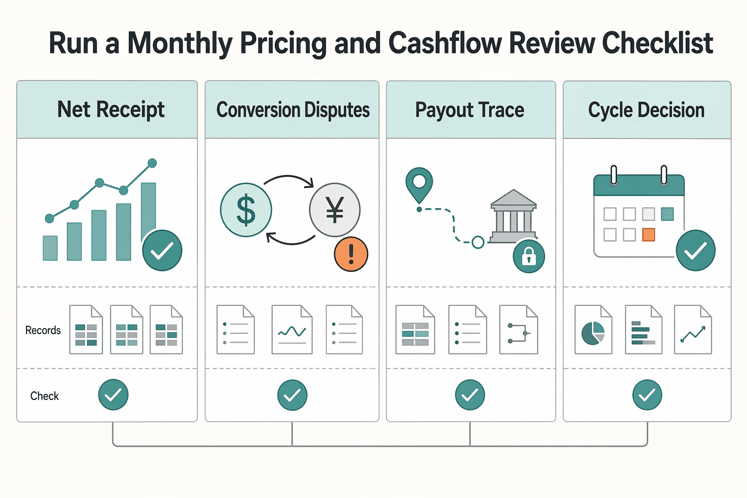 Diagram showing Run a monthly pricing and cashflow review checklist for SaaS International Pricing That Protects Cashflow First.