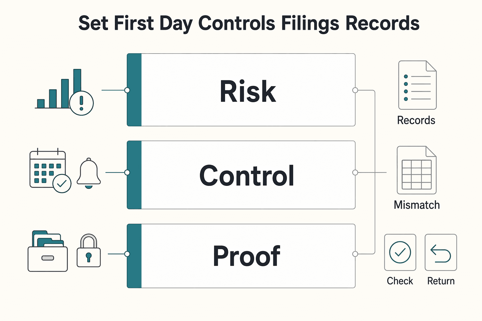 Diagram showing Set first 30 day controls for filings and records for How to Hire Your First Employee in Canada.