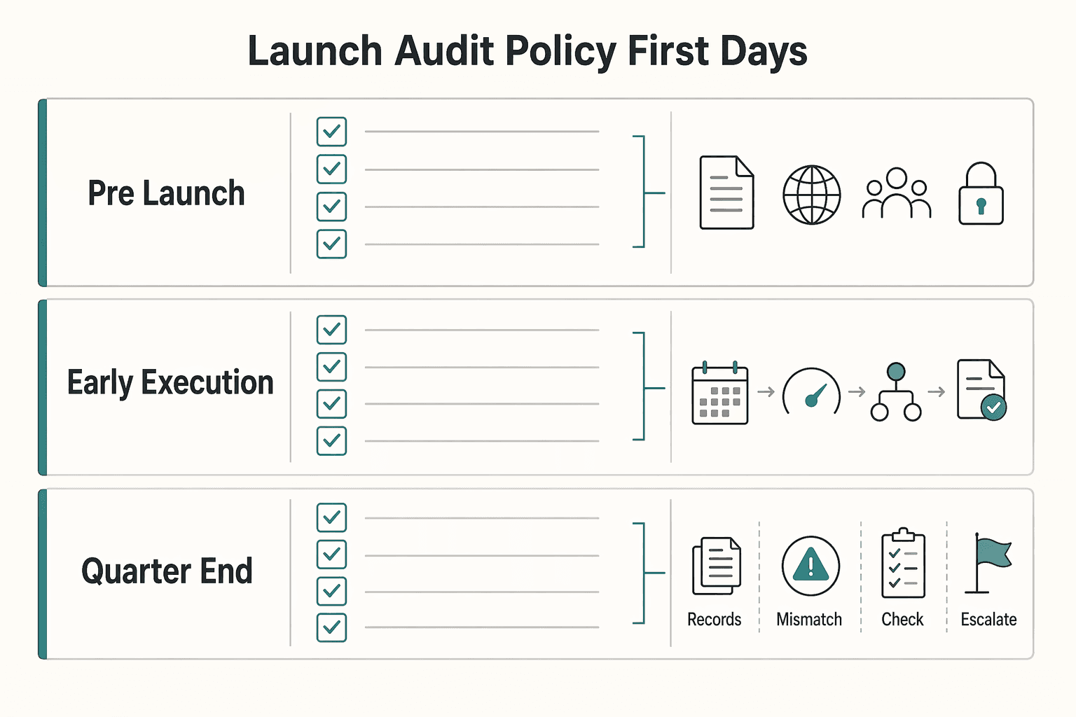 Diagram showing Launch and audit your policy in the first 90 days for Build an Unlimited PTO Policy Without Coverage Gaps.