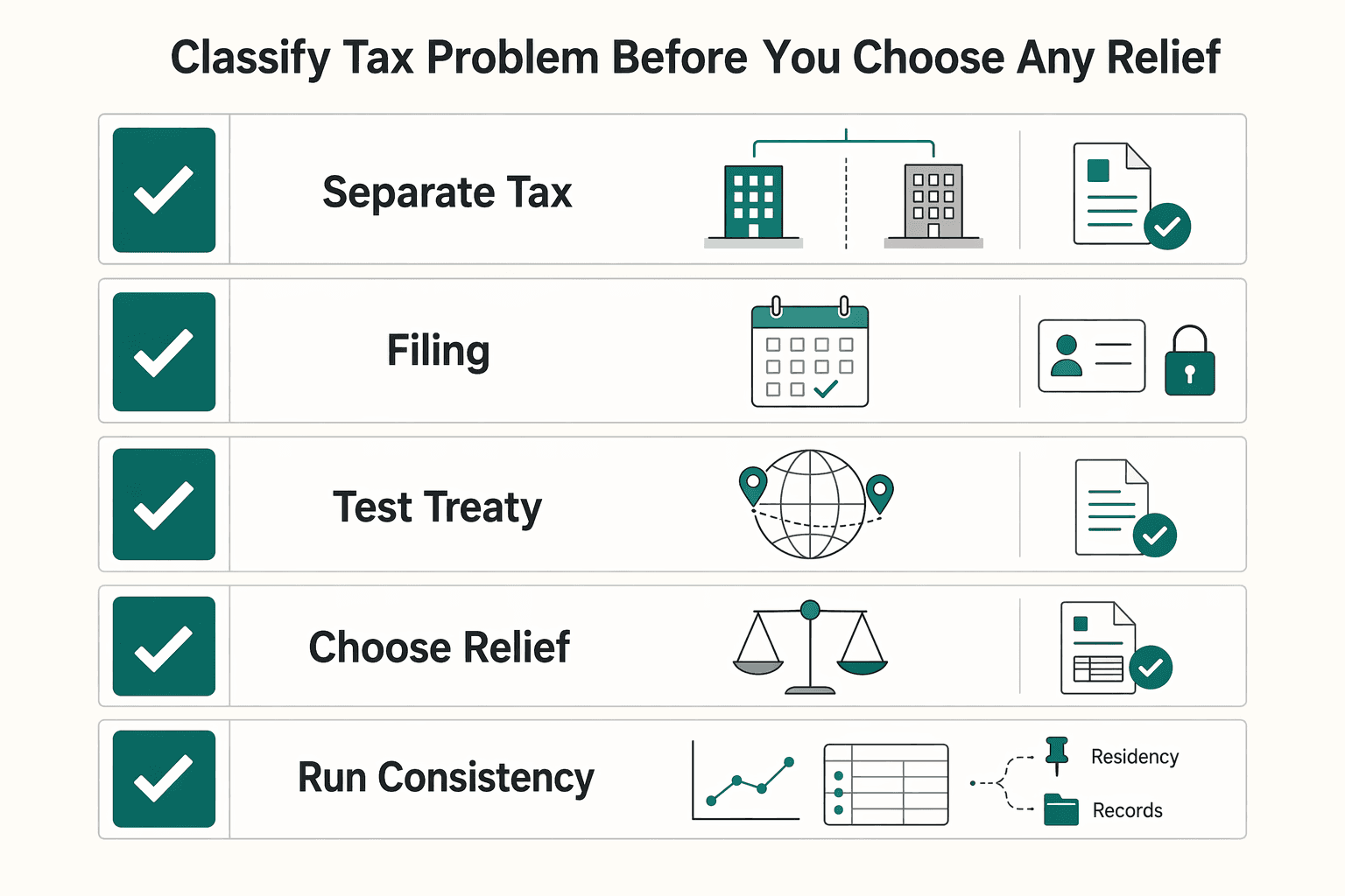 Diagram showing Classify your tax problem before you choose any relief for How Freelancers Can Legally Avoid Double Taxation With Tax Treaties.