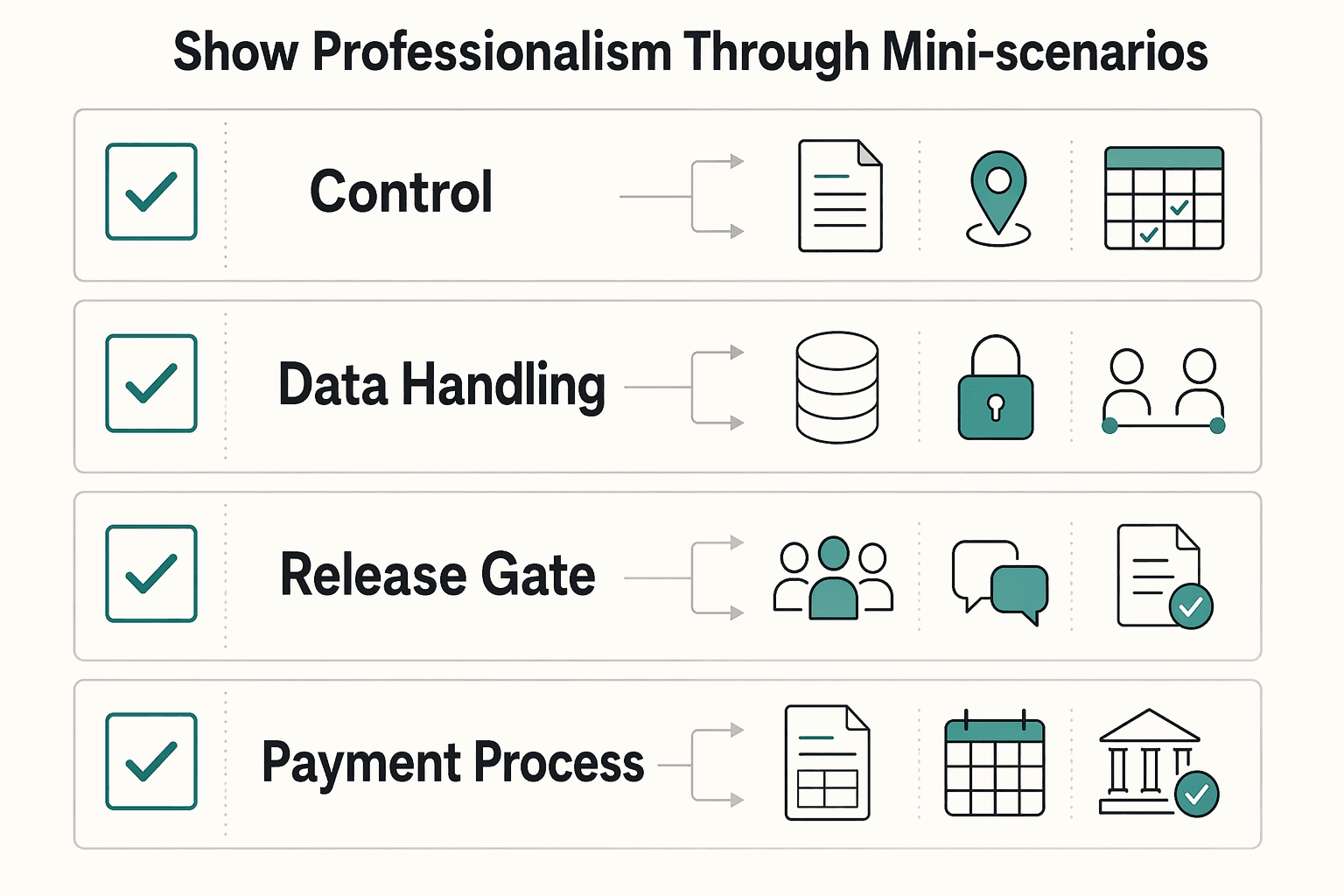 Diagram showing Show professionalism through mini-scenarios for Behavioral Interview Questions for Independent Professionals.