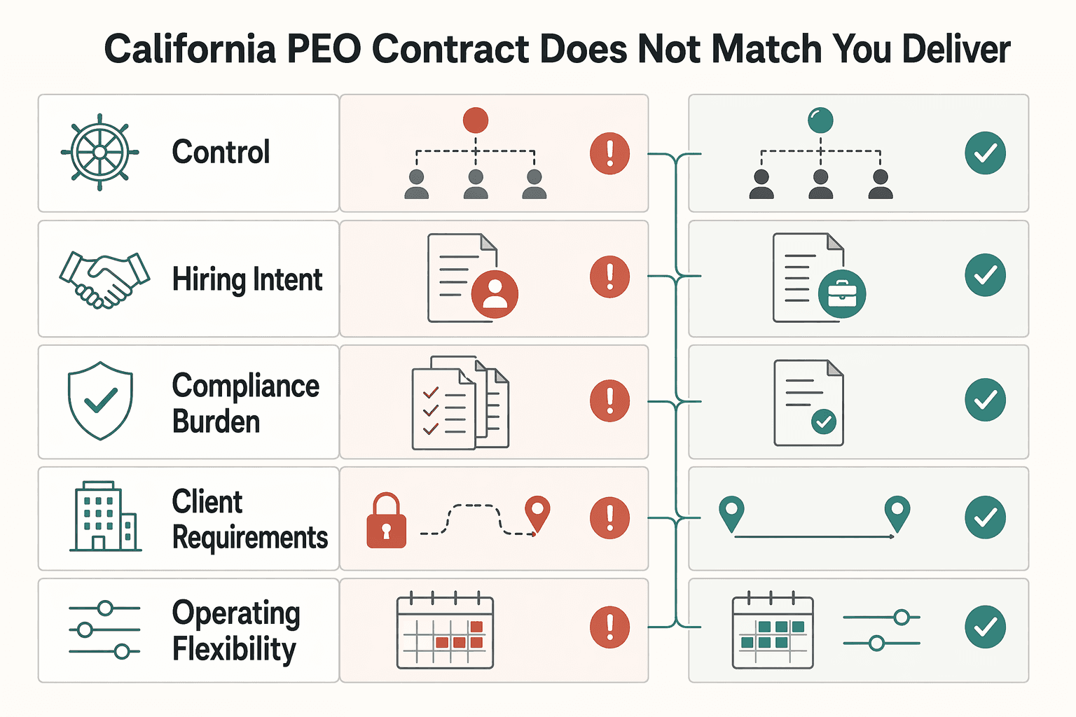 Diagram showing Risk 2: Your California PEO contract does not match how you deliver services for Choosing a PEO in California as a Solo Business Owner.