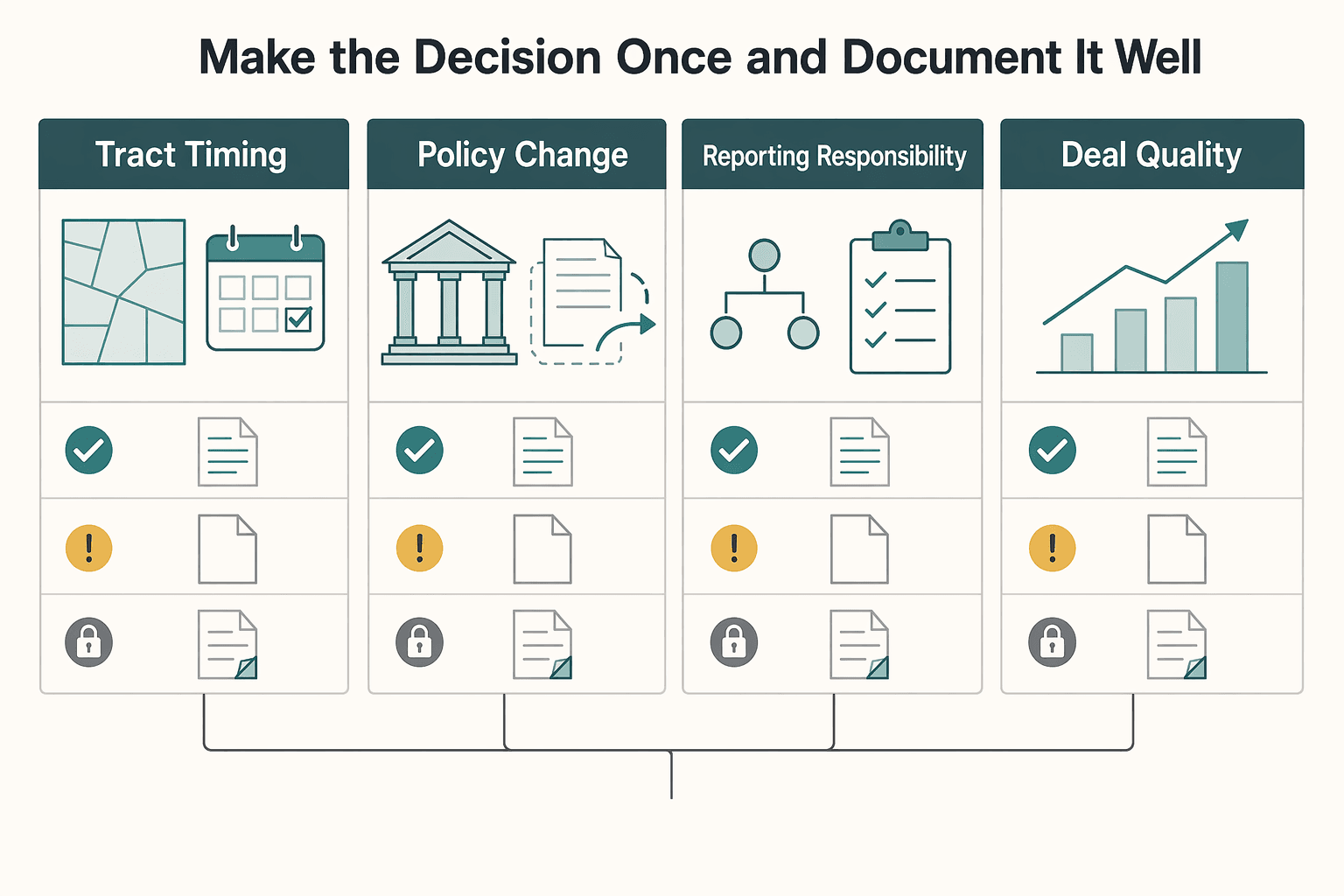 Diagram showing Make the Decision Once and Document It Well for Opportunity Zone Real Estate: Verify Gain, Timing, and Tract Status Before You Invest.