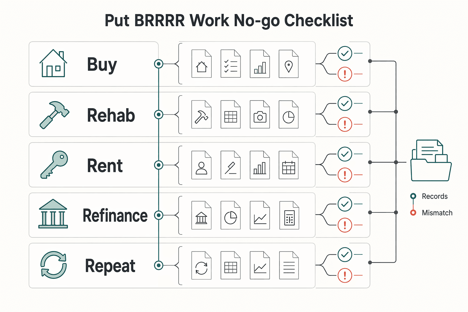 Diagram showing Put BRRRR to Work With a Go or No-Go Checklist for The BRRRR Method of Real Estate Investing Explained.