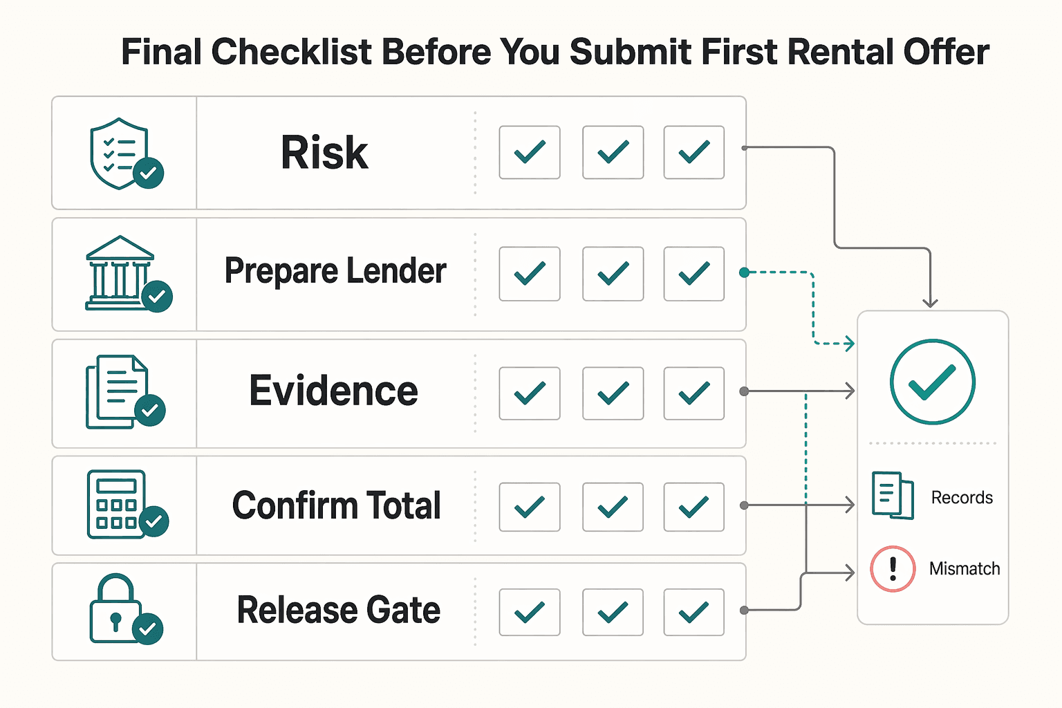 Diagram showing Final checklist before you submit your first rental offer for How to Finance Your First Rental Property.