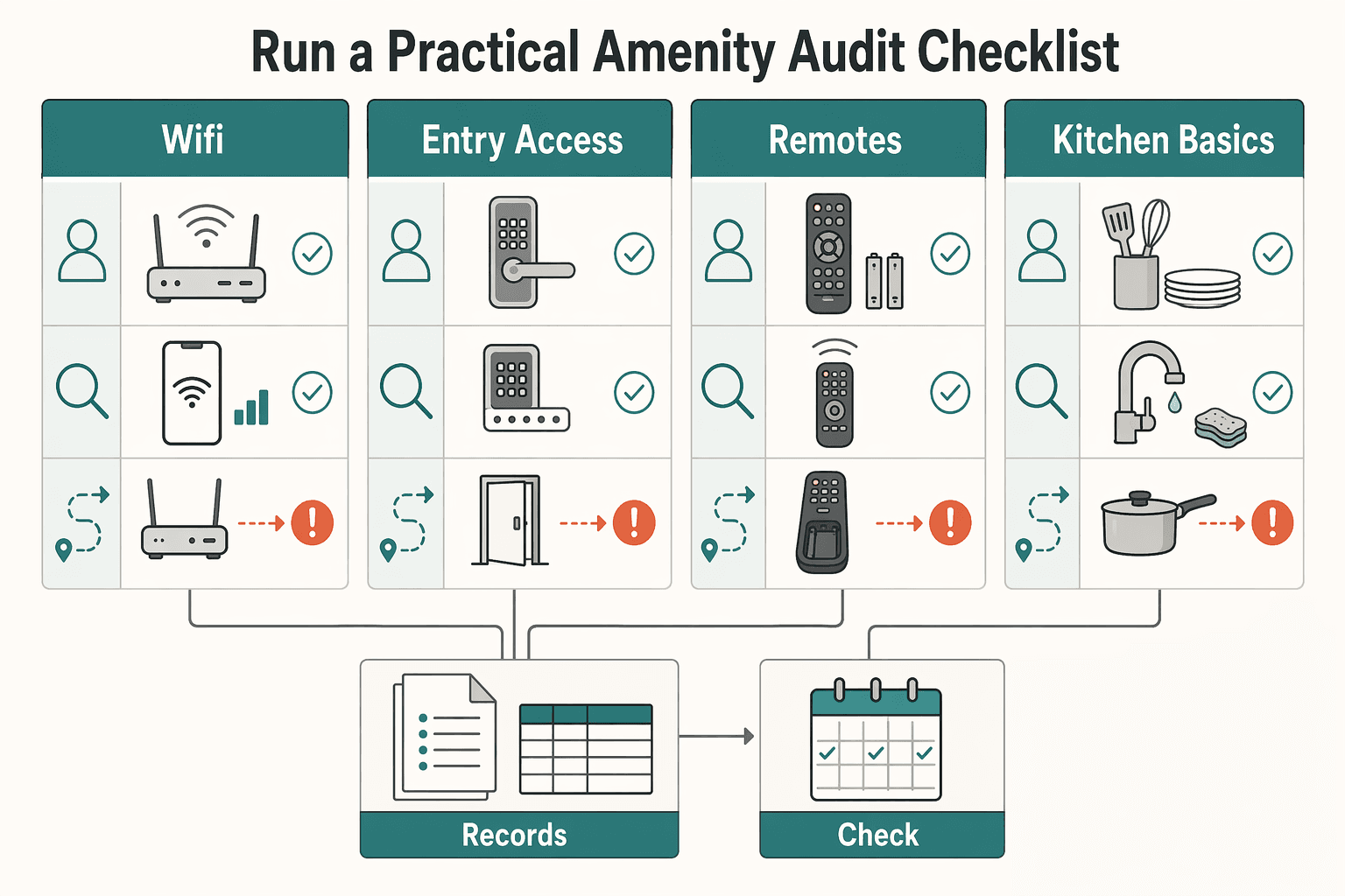 Diagram showing Run a practical amenity audit checklist for How to Get Your First Five-Star Review on Airbnb.