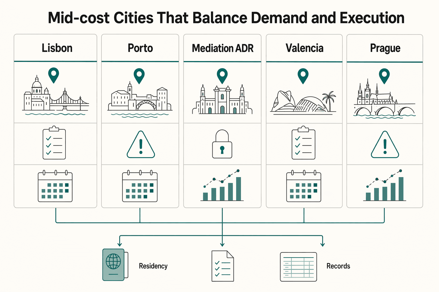 Diagram showing Mid-cost cities that balance demand and execution for The Best Cities for Airbnb Investment in Europe.